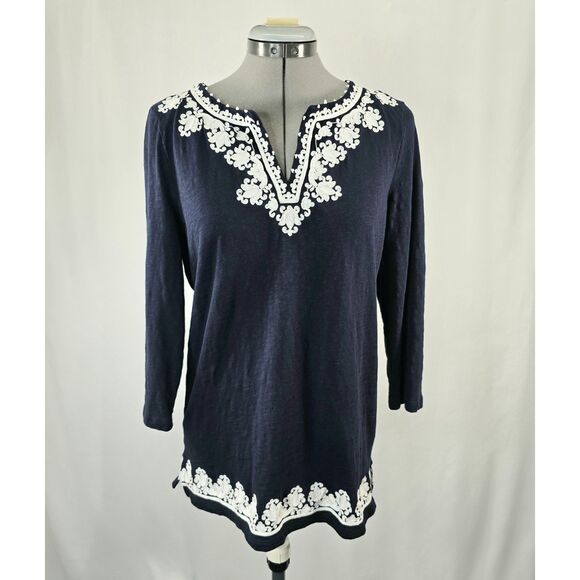 Womens Boho Talbots Split Neck Embroidered Tunic 3/4 Sleeve Cotton Size S - Picture 1 of 4